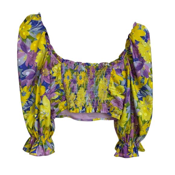 For Love & Lemons Cassia Crop Top Size Small Yellow Floral Puffed Sleeve - Picture 2 of 7